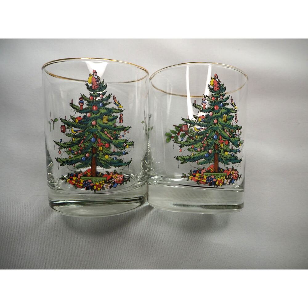 Spode Christmas Tree Gold Rim Old Fashioned Glasses Set of 2 4" Retired